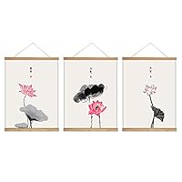 3 Panel Hanging Poster with Wood Frames Lotus Canvas Artwork Wall Picture Home Decoration - 18