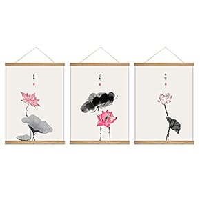3 Panel Hanging Poster with Wood Frames Lotus Canvas Artwork Wall Picture Home Decoration - 18"x24"x3 Panels