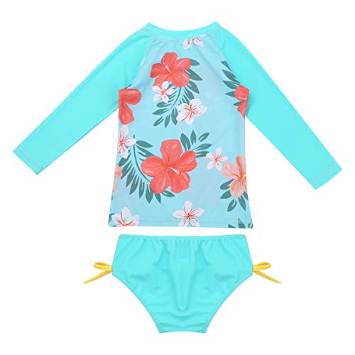 dPois Infant Baby Girls' Long Sleeves One-Piece Floral Rash Guard Ruffles Swimsuit Swimwear with Back Zipper Cyan (Tankini) 6-12 Months