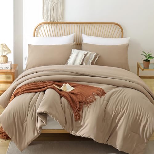 ROSGONIA Twin Comforter Set for Girls Boys Taupe Brown, 1 Boho Tan Comforter & 1 Pillowcase, All Season Kids Comforter Lightweight Dorm Bedding Gifts