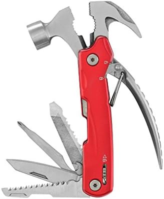 SurgeHai 12-IN-1 Portable Multipurpose Multitool Multifunctional Pocket Mini Hammer for Outdoor Survival, Camping, Fishing, Hiking, Oxide Stainless Steel, With A Durable Nylon Sheath, Silver and Red