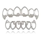 LuReen Silver Vampire Fangs 6 Open Face Outline Grillz Teeth Top Bottom Set Hip Hop Teeth (Silver)