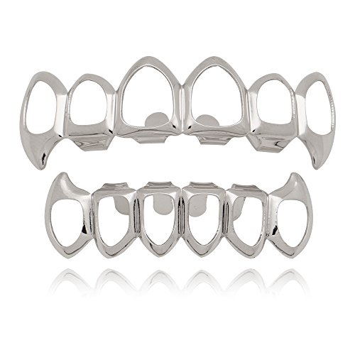 LuReen Silver Vampire Fangs 6 Open Face Outline Grillz Teeth Top Bottom Set Hip Hop Teeth (Silver)