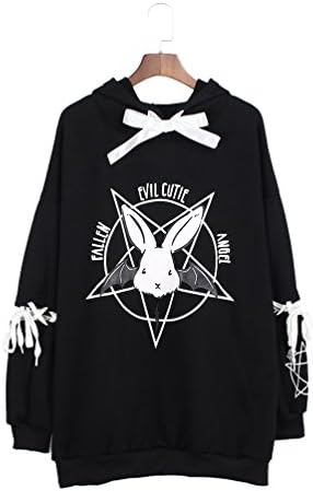Focal18 Hooded Sweatshirt Rabbit Pentagram Printed Casual Hoodies Lace Up Loose