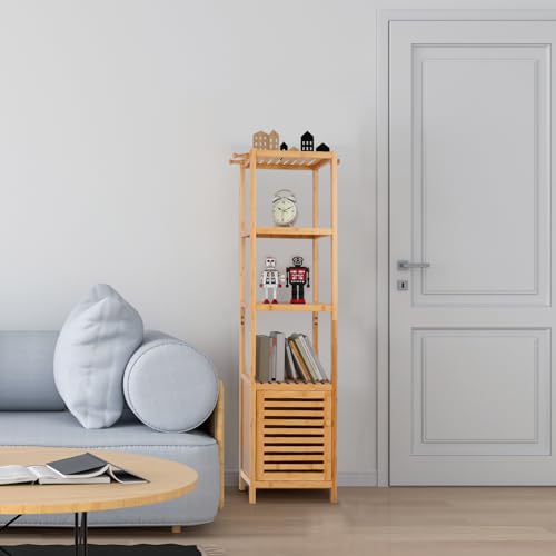 medla Bamboo Bathroom Storage Floor Cabinet: 4 Tiers Multifunctional Floor Shelving Unit Bathroom Floor Cabinet Natural Floor Shelf Free Standing Tower Corner Rack for itchen Living Room Bedroom