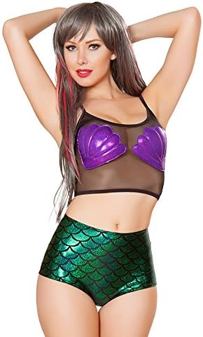 J-Valentine Purple Mermaid Shell mesh crop top Bundle with Rave Shorts