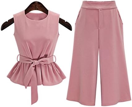 YUNSHANG Women Elegant Round Neck Sleeveless Tops with Waistbelt Fashionable High Waist Wide Leg Pants 2 Pieces Set (Medium)