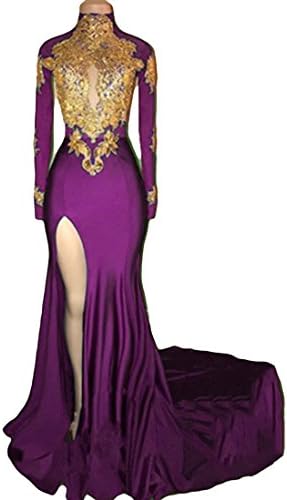 VikDressy Women's Mermaid High Neck Prom Dress 2018 with Gold Appliques Long Sleeves Evening Gowns