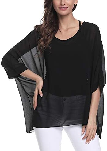 Qunsia Women's Chiffon Caftan Poncho Tunic Top Cover up Batwing Blouse