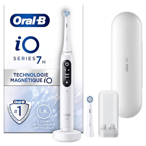 Oral-B iO 7N Brosse À Dents Électrique Blanche connectée Bluetooth, 2 Brossettes, 1 Étui De Voyage