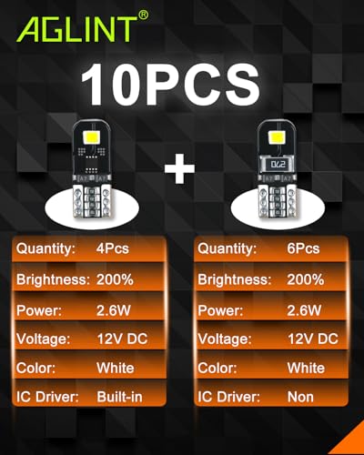 AGLINT T10 LED Bulbs Canbus Error Free 12V White No Polarity Designed W5W 194 501 168 Wedge Car Interior Dome Light Door Side Trunk Ceiling License Plate 10Pcs