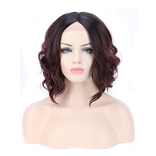Ombre 2 Tone Color Synthetic Lace Front Wig U Part Natural Loose Short Bob Wig Fluffy Deep Invisible with Natural Hairline Curly Wavy 14''/14 inch,Body Wave 1B/99J Natural Black to Wine Red