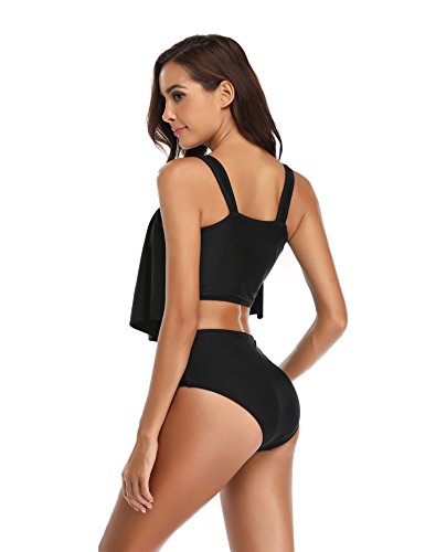 LALAVAVA Womens High Waisted Bikinis Set Cute Ruffle Bikini Top Swimsuits (Solid Black, XL)