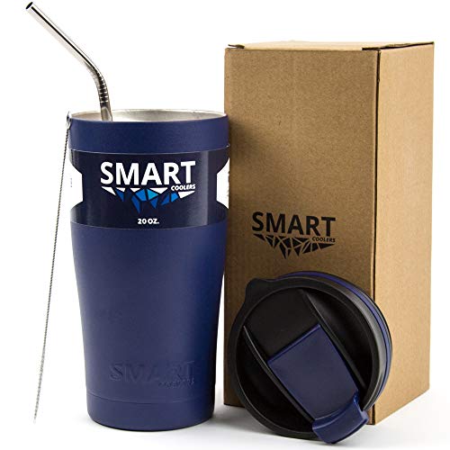Tumbler 20 oz 100% Leak-Proof - Smart Coolers - Ultra-Tough Double Wall Stainless Steel Premium Insulated Travel Cup - Keep Coffee and Ice Tea + Screw Lid + Straw + Gift Box, Navy Blue