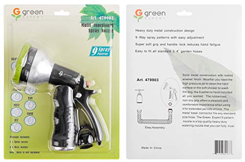 Green Expert High Pressure Garden Hose Nozzle 9 Adjustable Spray Patterns Heavy-Duty Metal Sprayer with Thermoplastic Housing for Car Wash Pets Shower Plants Watering Home Cleaning, 479903