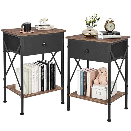 VECELO Nightstand Set of 2, X-Design End Side Table with Fabric Storage Drawer…