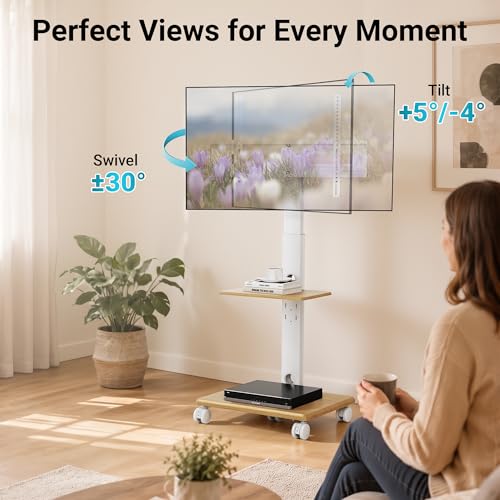 BONTEC TV Stand with 5 Castors and Wooden Base, Universal TV Stand for 32-80 Inch TVs, VESA 600 x 400 mm, 60 kg, Adjustable Height 1210-1500 mm, Tilt, Swivel, No Drilling Required