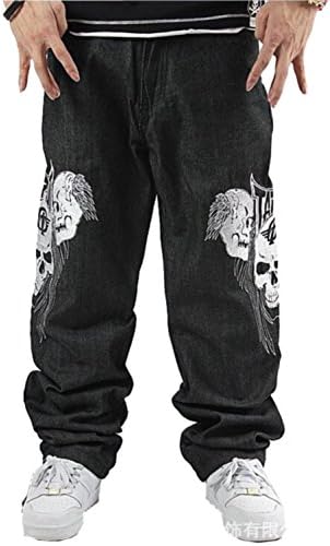 Men Jeans Hip Hop Skull Embroidery Straight Baggy Casual Skateboard Pants
