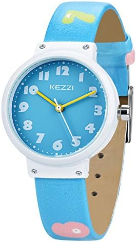 DOVODA Girl Watches Easy Reader Time Teacher Flowers Diamond Leather Watch for Kids (Blue)