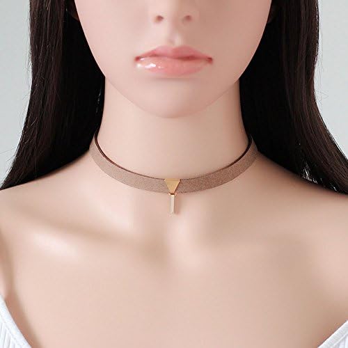 Woman Choker Necklace Pendant Velvet Riboon Choker Punk Collar Necklace with Triangle Charm Pendant (Brown Ribbon Gold Pendant)