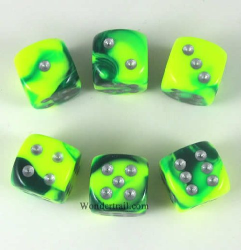 Green and Yellow Gemini With Silver Pips 16mm D6 Dice Set of 6 Wondertrail WCX26654E6
