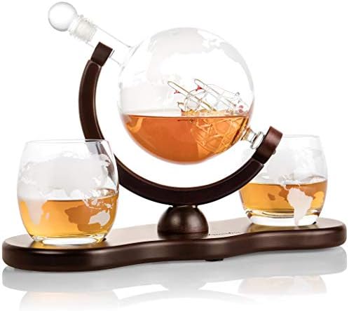 Royal Decanters Etched Globe Whiskey Decanter Gift Set- Glasses & Glass Beverage Drink Dispenser also for Brandy Tequila Bourbon Scotch Rum -Alcohol Related Gifts for Dad (850ML) (2 Glass Oval)