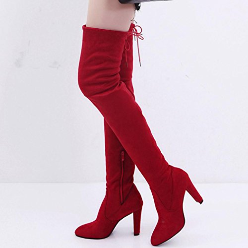 Tenworld Women's Faux Leather Thigh High Over The Knee Chunky Heel Long Boots (4.5, Red)