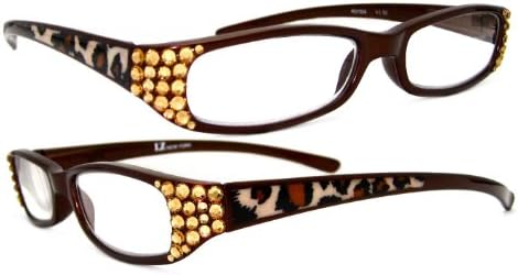 LZ New York High Quality Leopard Brown Frame Women's Fashion Reading Glasses with Genuine Swarovski Crystal Light Colorado Topaz (+100)