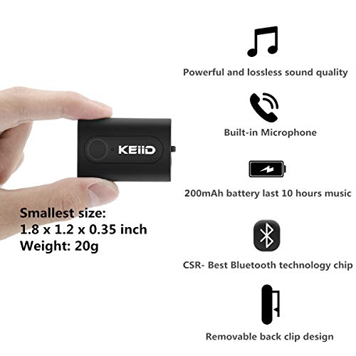 KEiiD Bluetooth Receiver CSR 4.2 Chip with Removable Back Clip, Stream Wireless Stereo Music with Wired Earphones,Car AUX Kit,Speakers.Built-in Microphone for Handsfree Calls.10 Hours Long Play Time