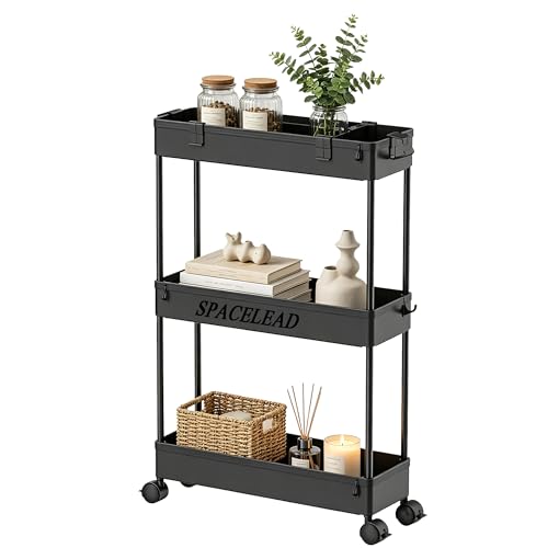 SPACELEAD Slim Storage Cart,3 Tier Bathroom Rolling Utility Cart Storage Organizer Slide Out Cart, Mobile Shelving Unit Organizer Trolley for Office Bathroom Kitchen Laundry Room Narrow Places, Black