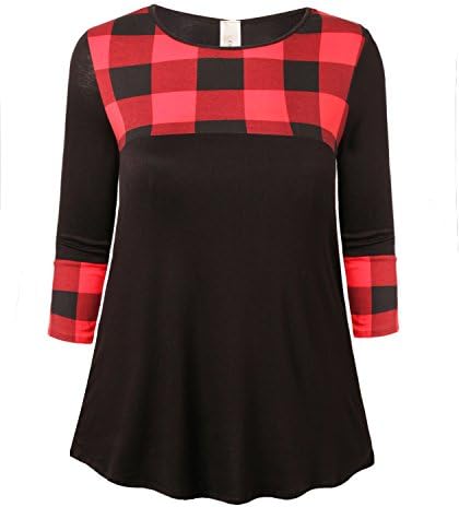 Evelie Women's Plus Long Sleeve Casual Double Layered Blouse Tunic Tops 1X-Large(US 20-22) Black RedCheck