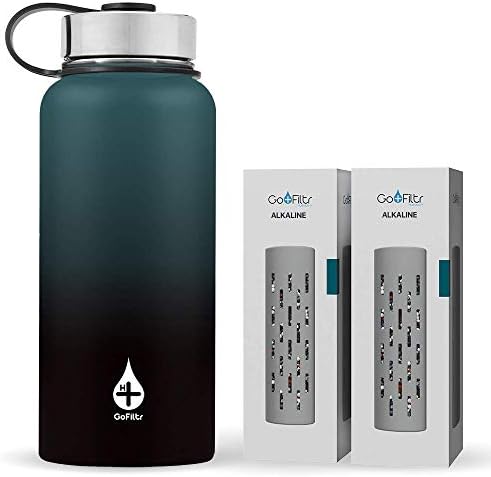GOFILTR Alkaline Water Bottle Starter Set - 32 oz Vacuum Insulated Stainless Steel Water Bottle + Two Alkaline Ionized Mineral Infusers.