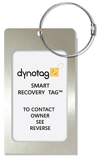 Dynotag Web Enabled Smart Aluminum Convertible Luggage ID Tag + Braided Steel Loop, with DynoIQ & Lifetime Recovery Service (Cool Silver)