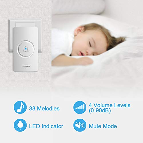 TECKNET Sonnette sans Fil, IP44 Sonnette sans Fil Exterieur Etanche à 300 Mètres de Portée, Sonnette de Porte Kit de Carillon avec LED Flash et 38 Sonneries 4 Niveau Volumes pour Entrepôt,etc