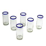 NOVICA Hand Blown Clear Blue Recycled Glass Tall Juice Glasses, 11 oz 'Cobalt Classics'(set of 6)