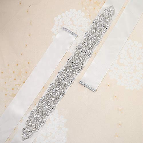 FANGZHIDI Bridal Belt Sash with Rhinestones Silver Floral Crystal Bridal Sash for Wedding Dresses (Sliver, Ivory) - Thumbnail 5