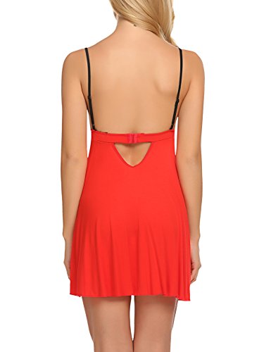 ADOME Sleepwear Women Sexy Chemise Lingerie Lace Full Slip Babydoll Dress Red XXL