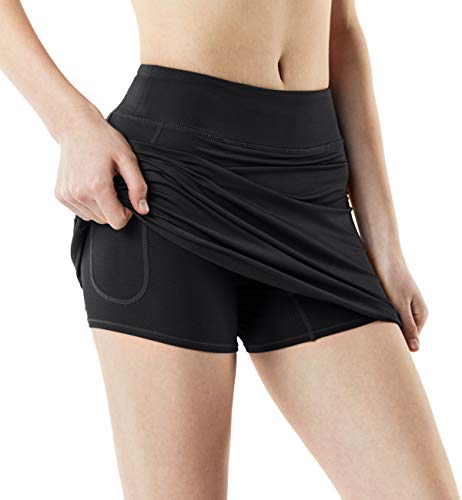 TSLA Women's Compression Skort Active Running Tennis Performance Skirt w Mesh Pocket, Active Skort(fbk01) - Black, Large