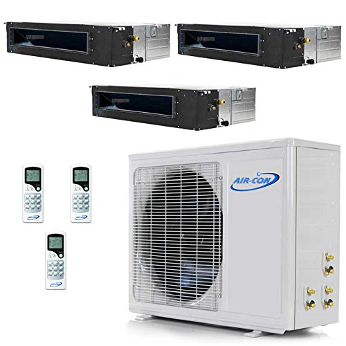 Multi Zone Mini Split Ductless Air Conditioner - Tri 3 Zone 12000 + 12000 + 12000- Pre-Charged Inverter Compressor - Slim Duct - US Parts and Tech Support