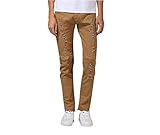 Men's Khaki Zipper Ripped Distressed Destroyed Skinny Fit Jeans with Holes