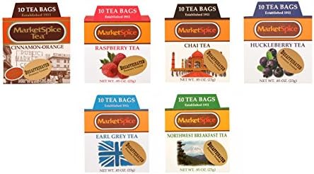 Decaf tea sampler set, Market Spice decaffeinated Variety tea pack of 60 Tea Bags, Assortment of 10 Each Cinnamon Orange, Raspberry, Chai, Huckleberry, Earl Grey, Northwest Breakfast