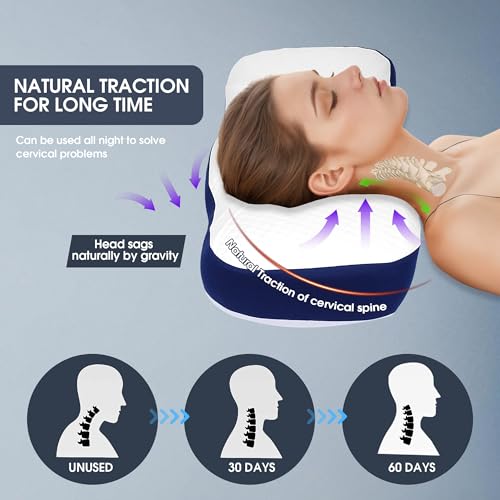 Memory Foam Neck Pillow, Ergonomic Cervical Sleeping Neck Pillow, Neck Support Pillow for Shoulder and Neck Pain Relief, Orthopedic Pillow for Side Sleeping with Washable Cover (a-Navy Blue)
