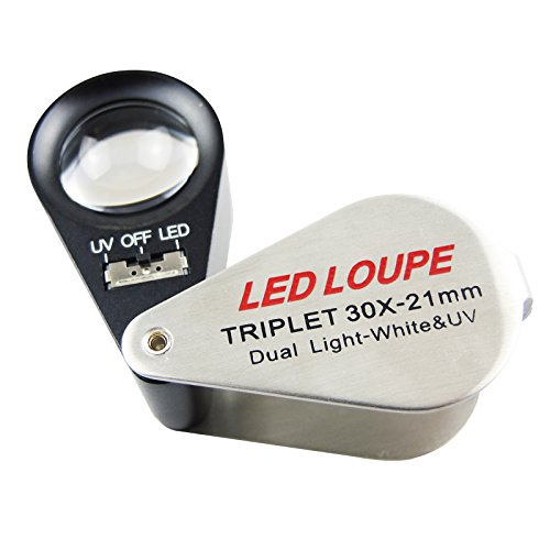 30x Jeweler Loupe 21mm Lens Diameter Magnifier with LED and UV Lighthing , Round Body Magnifyng Kit