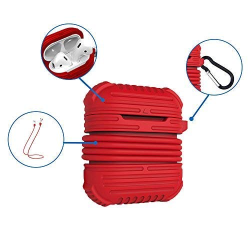 Rugged Airpods Protective Case Compatible for Apple, Airpods Accessories Silicone Shockproof Charging Case with Carabiner Keychain and Anti Lost Strap for Travel Storage - Red