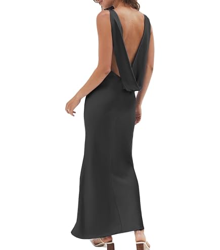 Satin Cowl Neck Sleeveless Backless Elegant Wedding Guest Maxi Dresses for Women Silk Open Tie Back Formal Cocktail Long Dresses Black : Clothing, Shoes & Jewelry