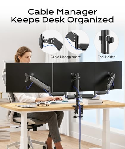 Pholiten Triple Monitor Stand Mount-Gas Spring Stand with Clamp and Grommet Base, Fully Adjustable Desk Mount Fits Three 17-27 inch LCD Computer Screens, Each Arm Holds up to 13.2lbs,(MD8003) …