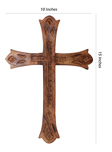 The StoreKing Wooden Wall Cross Plaque 15" Long Hanging with Hand Carvings Religious Altar Home Living Room Decor