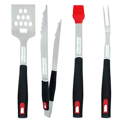 HomEZware BBQ Tools Grill Set 4 Piece Heavy Duty Stainless Steel Barbecue Grilling Utensils Premium Grilling Accessories For Barbecue - Spatula, Tongs, Fork, Basting Brush Plus Oven Mitt. Best Choice!