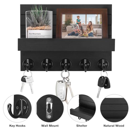 Kldgris Key Rack with Shelf, Decorative Wooden Wall Shelf, Key Rack Wood Black, with 5 Key Hooks, for Entrance, Hallway, Bedroom, Living Room