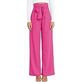 Yazinie Womens High Waist Wide Leg Pants Elastic Waistband Belly Control Office Pants with Pockets for Work Casual Rose Red